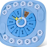 Blue pet puzzle toy with food compartments on a white background